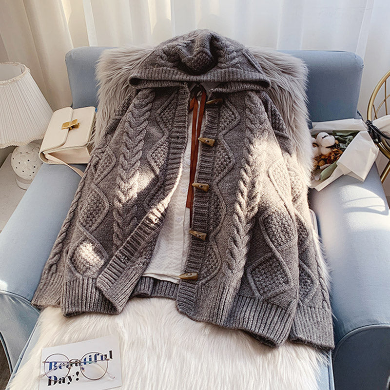 Ox horn button hooded twist sweater coat  4990