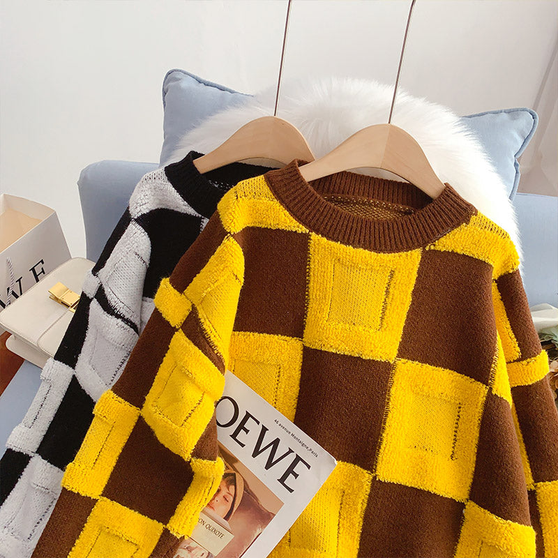 Lazy wind contrast plaid sweater  5063