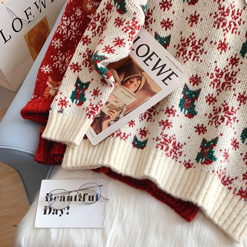 Vintage Red Christmas jacquard knitted sweater  4956