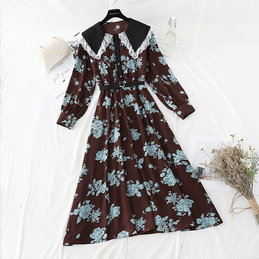 Schlankes Temperament sanfter Wind Retro-Revers-Spitze genähter Chiffonrock 4809