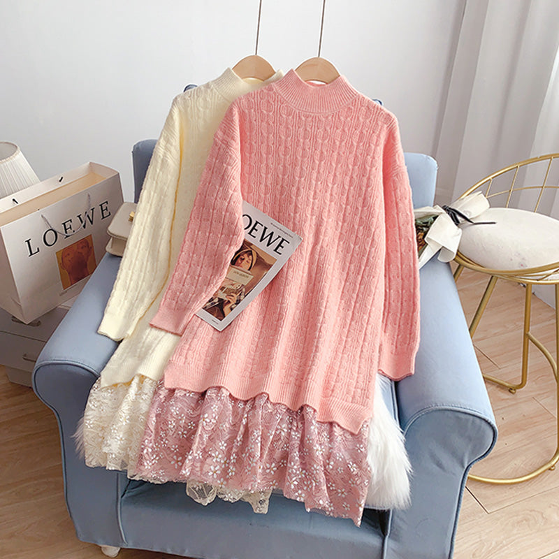 Lace stitched wool dress knit bottomed dress  5054