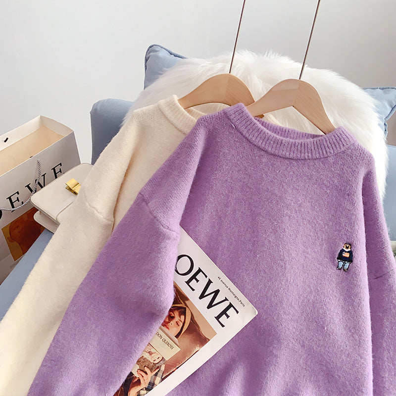 Bestickter Bärenpullover Vielseitiger Pullover für Damen 5029