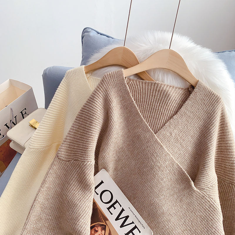 Korean V-Neck Sweater Vintage loose lazy top  4971