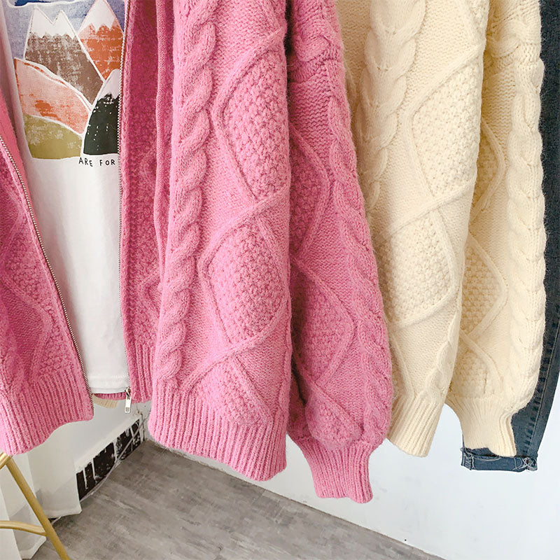 Knitted hooded twist sweater coat women's cardigan  5049