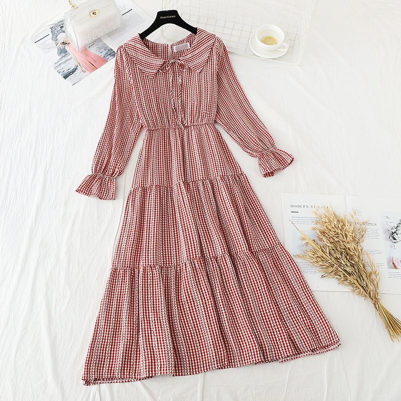 Long sleeve high waist thin French first love lattice fairy gentle dress  4721
