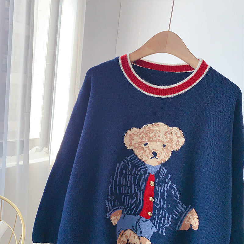 Pullover im College-Stil mit niedlichem Cartoon-Bär und Rundhalsausschnitt 4935