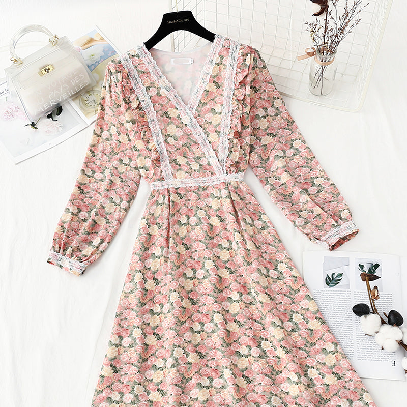 New Chiffon print lace stitching fairy temperament small skirt  4851