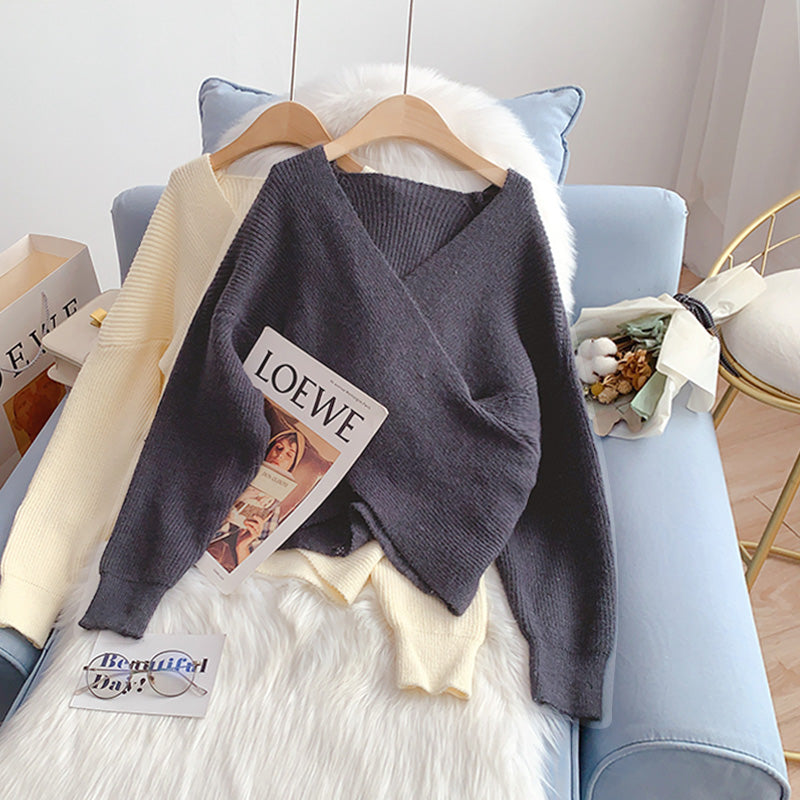 Korean V-Neck Sweater Vintage loose lazy top  4971