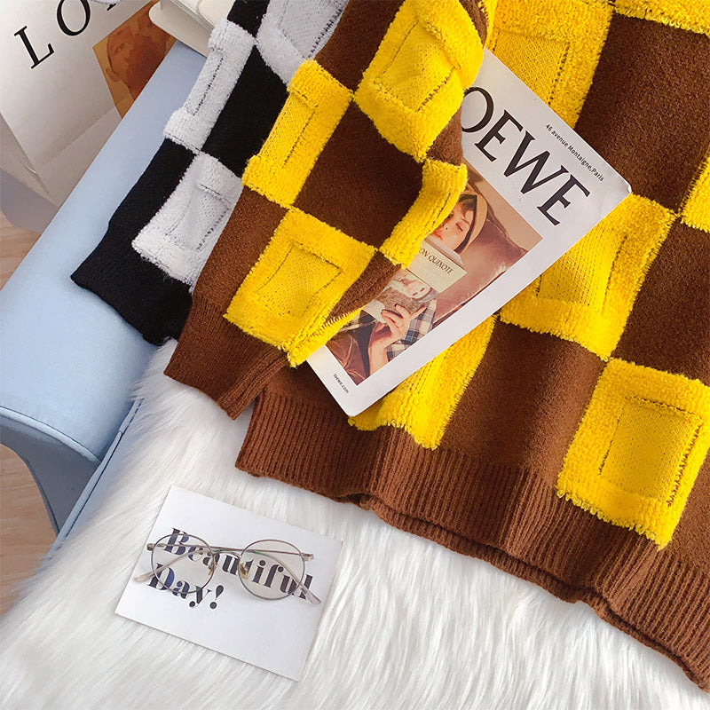 Lazy wind contrast plaid sweater  5063