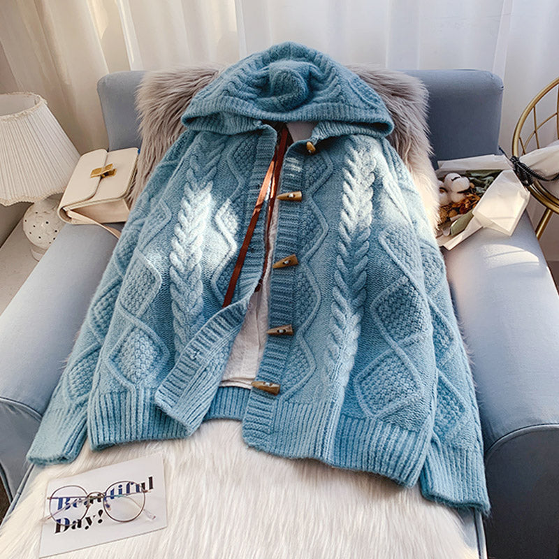 Ox horn button hooded twist sweater coat  4990