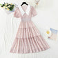 New doll collar skirt bubble sleeve floral medium length skirt  4877