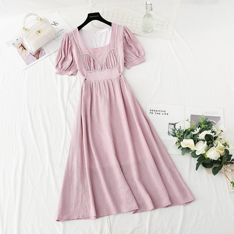 New French bubble sleeve small skirt square neck Fairy Dress  4867