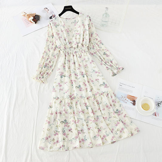 New gentle wind, slim slim, elastic waist, wrinkled Chiffon Floral Dress  4714