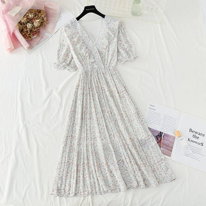 Neues französisches Kleid mit süßem Rüschen und V-Ausschnitt aus sanftem Schneegesponnen 4852