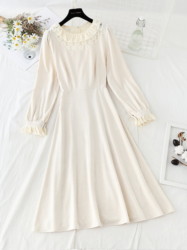 Lace collar velvet dress Retro High Waist slim  4795