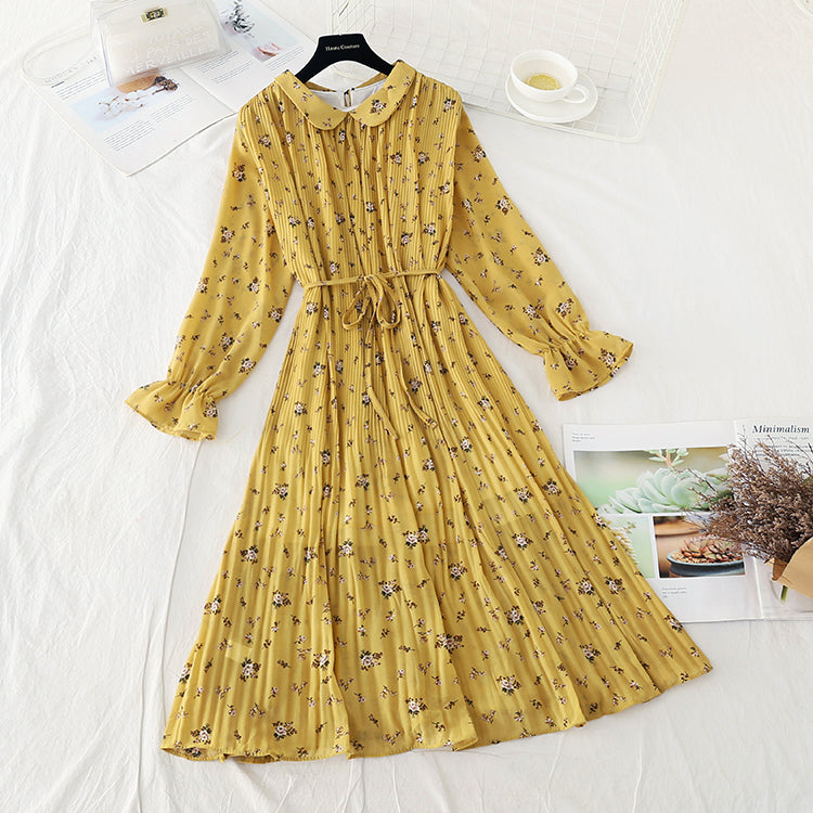 New cut waist slim French floral pleated skirt  4723