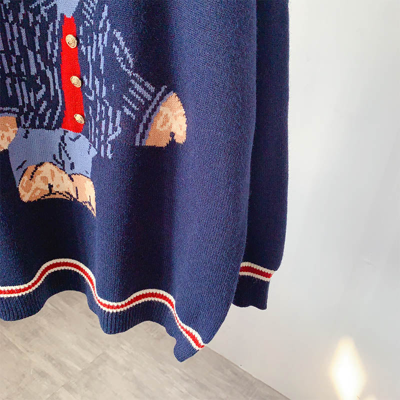 Pullover im College-Stil mit niedlichem Cartoon-Bär und Rundhalsausschnitt 4935