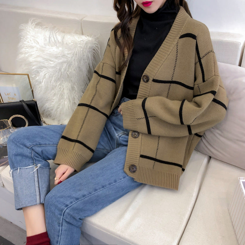 Harajuku Pullover Cardigan Plaid locker und vielseitig 4913