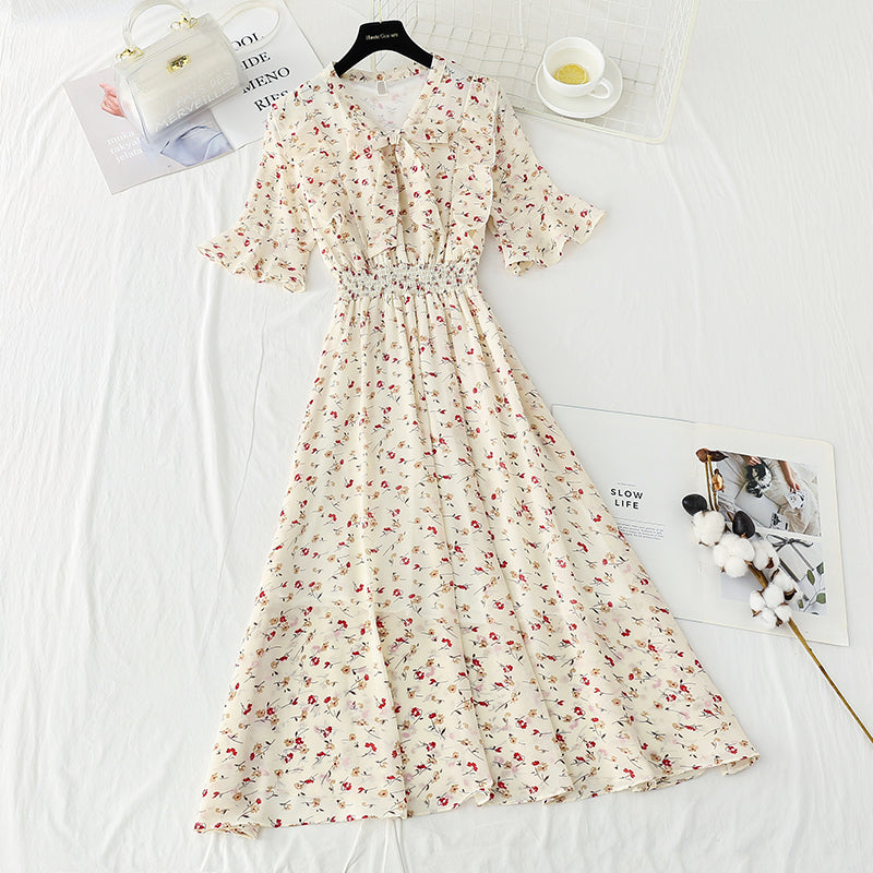 Slim tea break chiffon skirt retro floral long skirt  4892