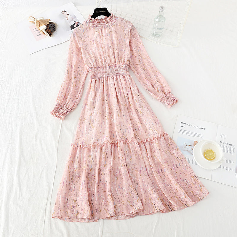 Long sleeved floral dress with slim waist  4713