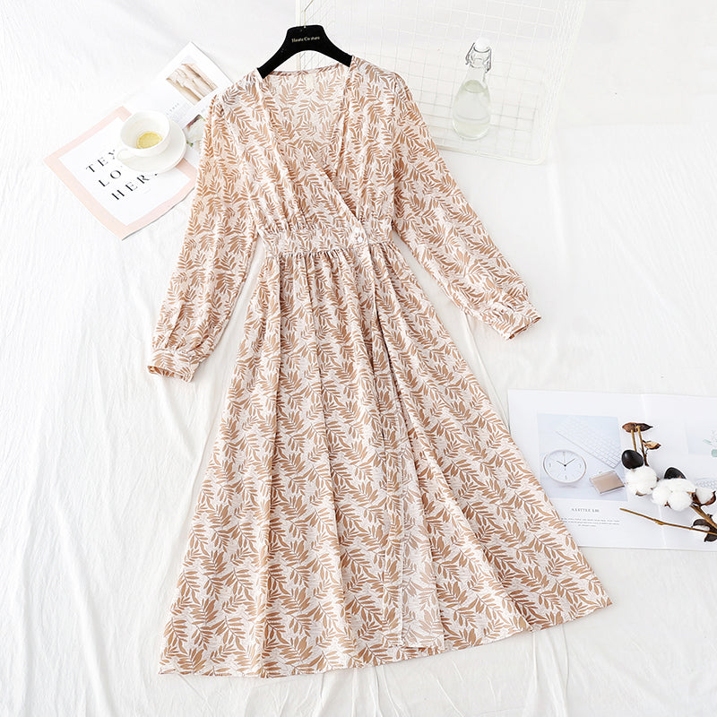 V-neck waist closing Chiffon Dress slim and light mature wind floral skirt  4806