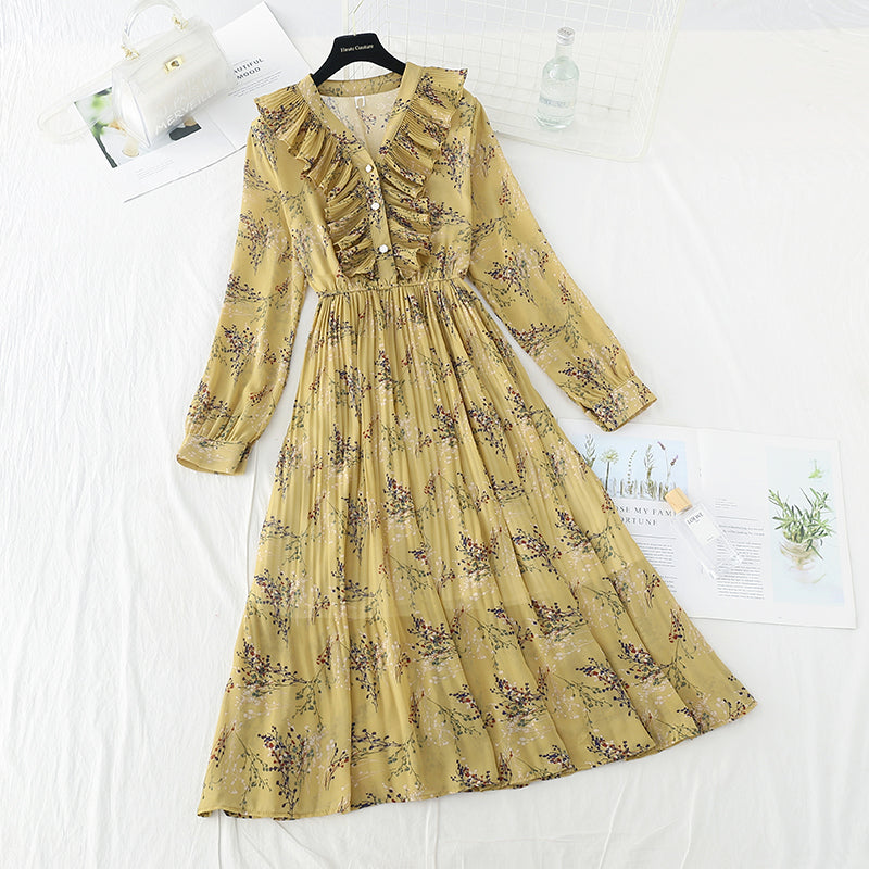 Neuer Retro-Schlank-leichter reifer windgebrochener Blumen-Falten-Fee-Chiffonrock 4718