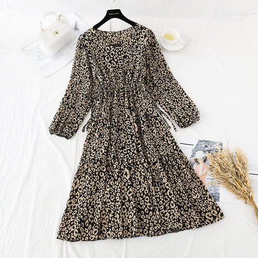 Langärmliges Chiffon-Kleid mit Leopardenmuster und floralem Retro-Rock mit französischem Boden 4697