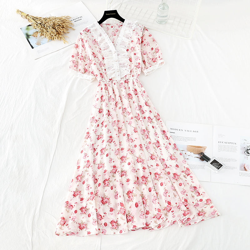 New soft wind floral skirt, slim waist, French minority dress  4643