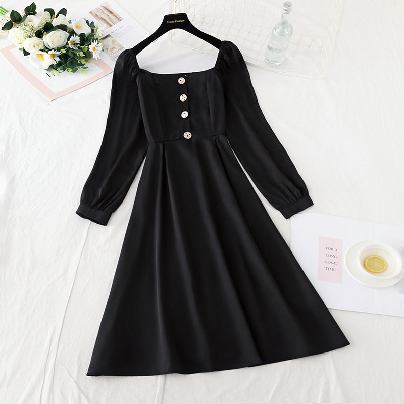 New solid color sweet square neck covering meat, thin and gentle skirt  4735