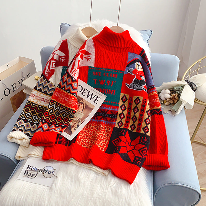 Weihnachtsschwestern-Pullover mit Stehkragen, neues Stricktop 4924