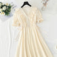 Cotton linen dress French gentle V-neck lace skirt  4887