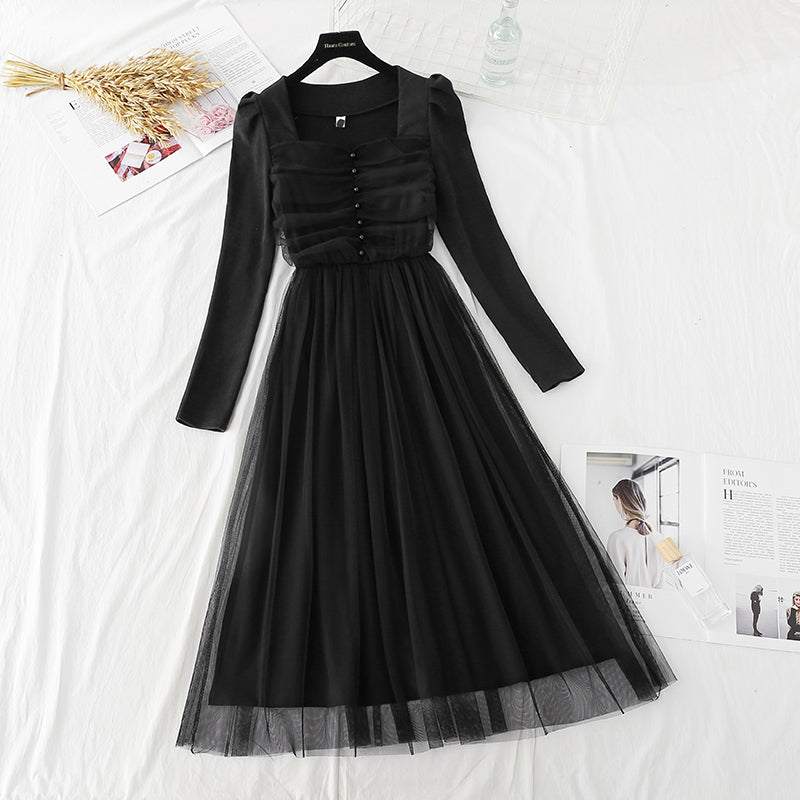 New style square neck slim French retro light cooked wind bottomed skirt  4752