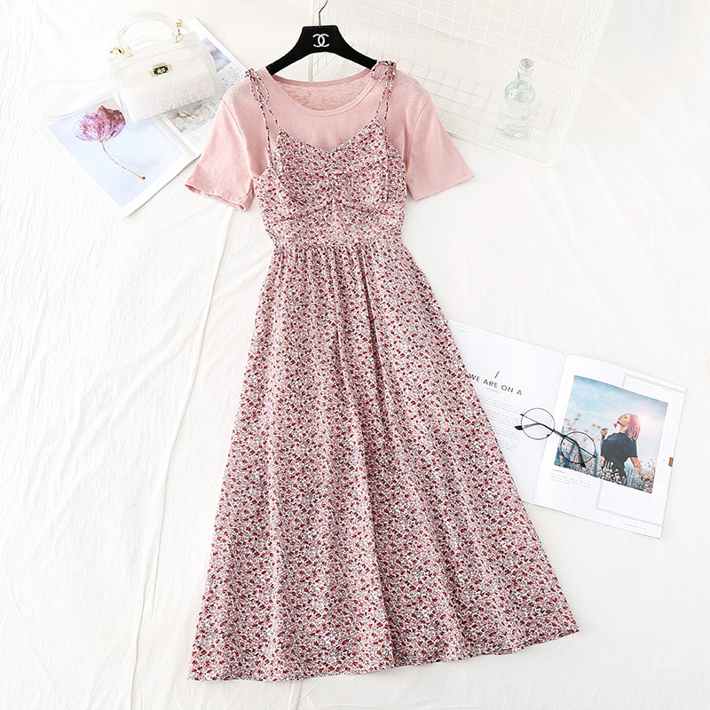Small fresh sweet broken flower suspender dress  4587