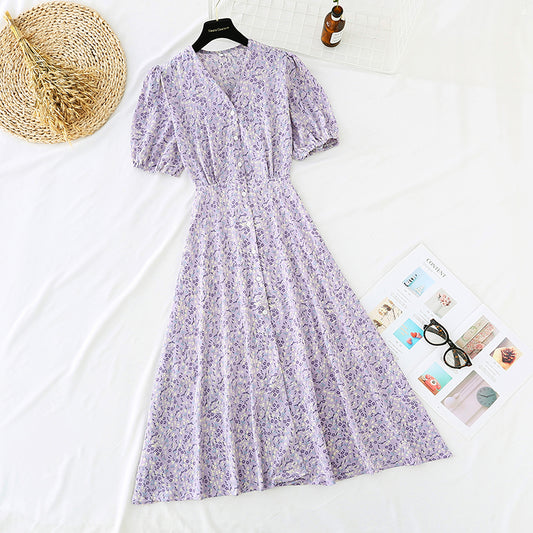 Kleines frisches Blumenkleid mit einfacher Taille und dünnen Knöpfen 4664