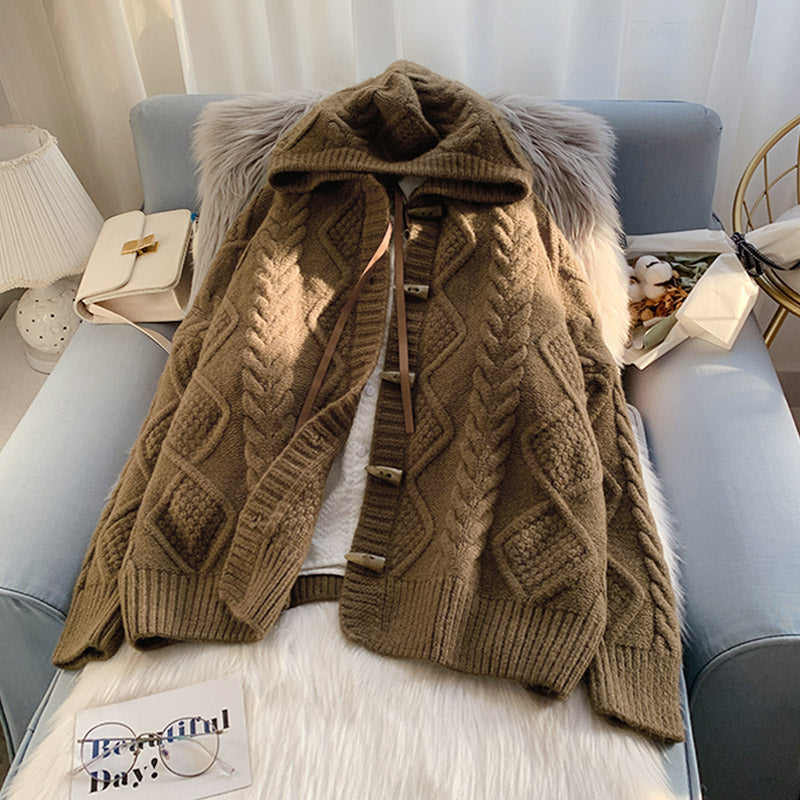 Ox horn button hooded twist sweater coat  4990