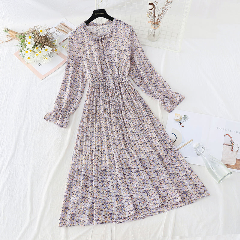 New Chiffon bow pleated skirt elastic waist thin age reducing Floral Dress  4807
