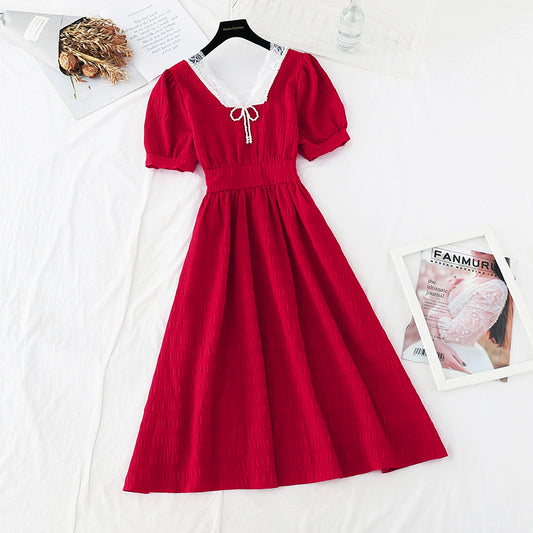 Perlenrock im neuen Stil mit eckigem Ausschnitt und schmaler Taille, französisches Kleid 4670