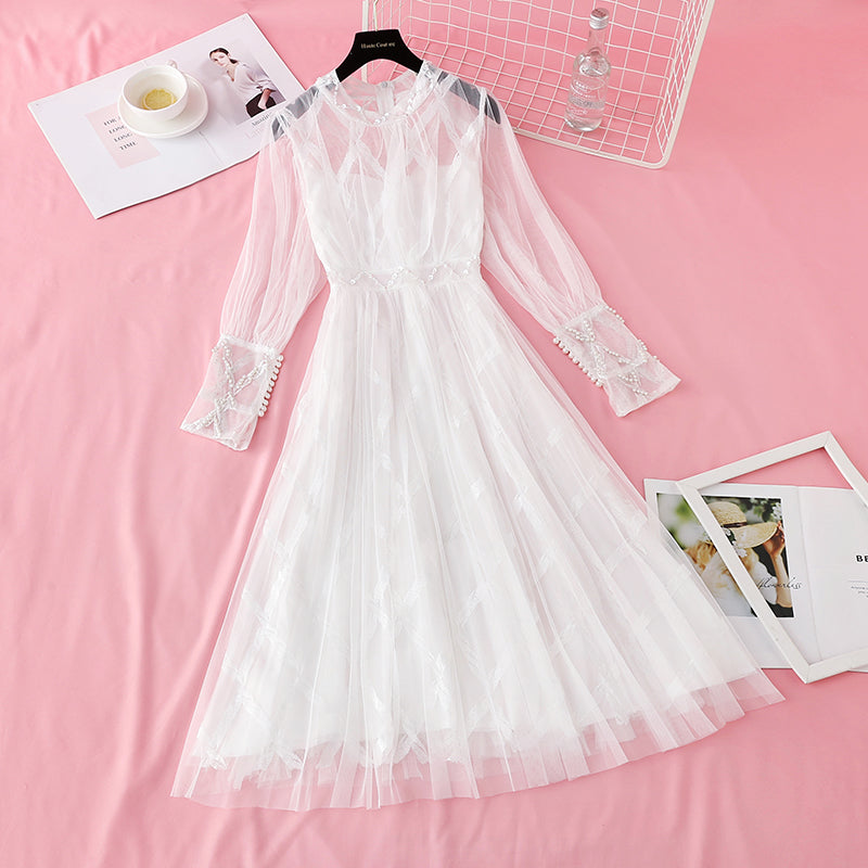 New style temperament, slim waist, sweet pearl Sequin mesh long skirt  4724