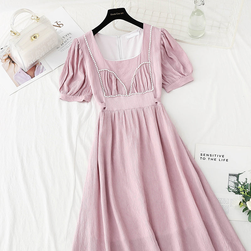 New French bubble sleeve small skirt square neck Fairy Dress  4867