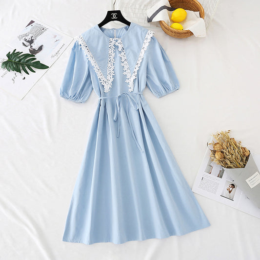 Lace doll neck cotton linen dress French retro bubble sleeve  4590