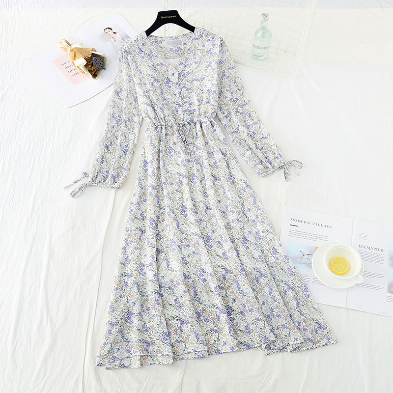Nouvelle robe fleurie à manches longues et à lacets en mousseline de soie fine et coupe-vent 4719