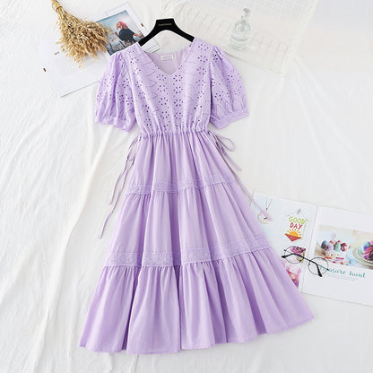 New hollow out Crochet skirt bubble sleeve French fairy dress  4625