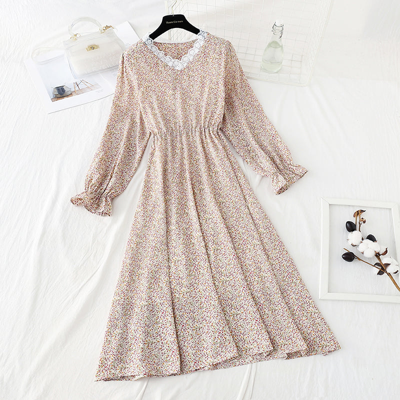 Koreanisch geschnittenes Blumenkleid mit Taillenschnürung sieht dünn aus und Rock mit Boden 4840