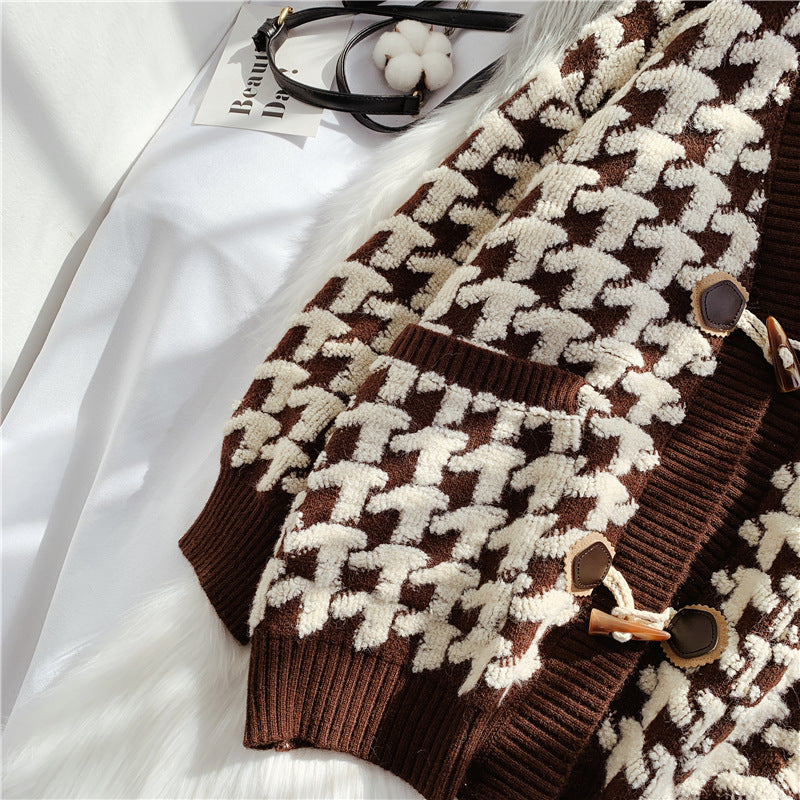 Thousand bird lattice ox horn buckle sweater coat female  4925