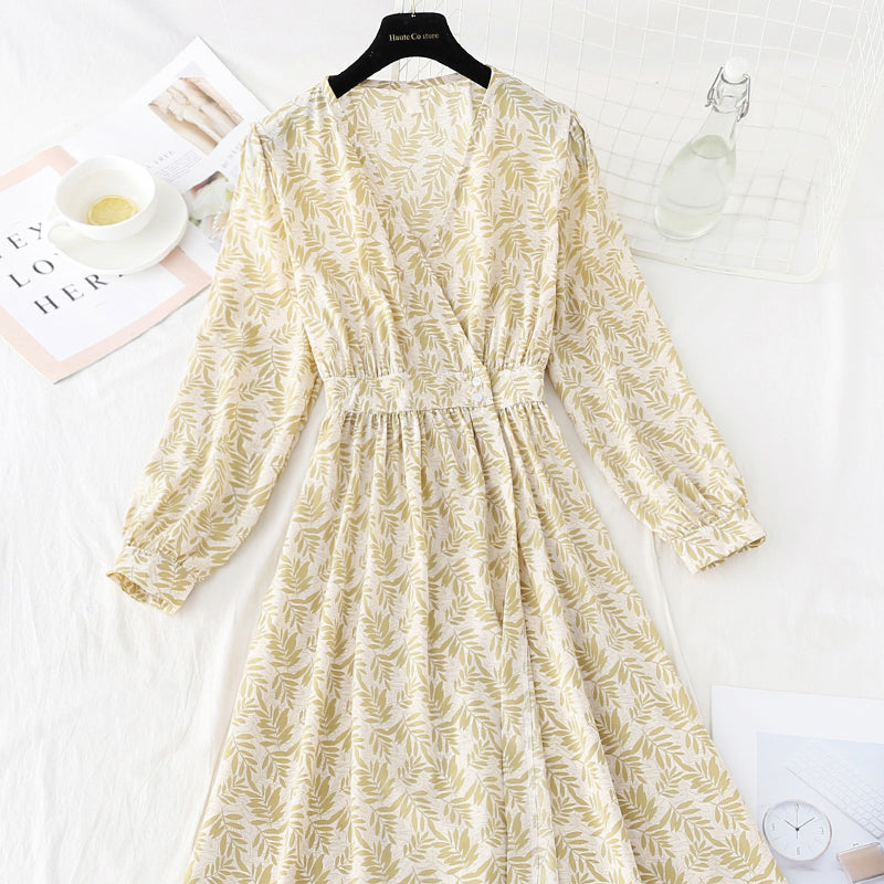 V-neck waist closing Chiffon Dress slim and light mature wind floral skirt  4806