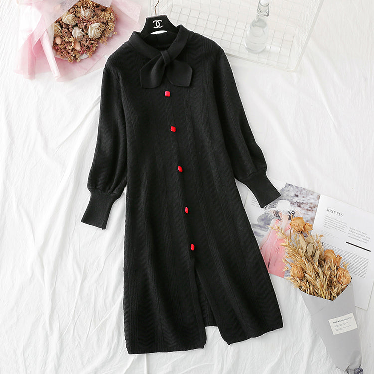 Rotes Netzstrickkleid Französischer Retro-Kniepulloverrock 4730
