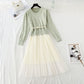 Knitted Pullover Sweater + mesh bottomed skirt medium length two piece suit  4773