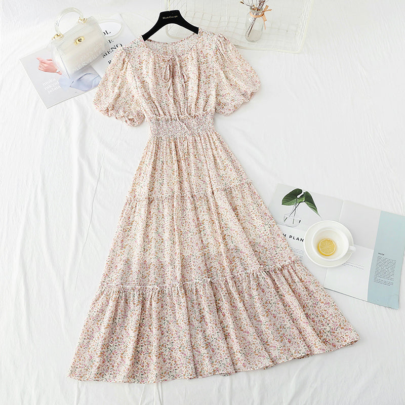 Gentle wind floral dress sweet fairy skirt bubble sleeve A-line skirt  4894