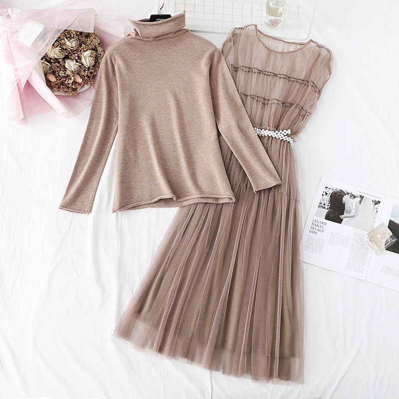 Mesh vest skirt + high neck bottomed shirt two-piece set  4578
