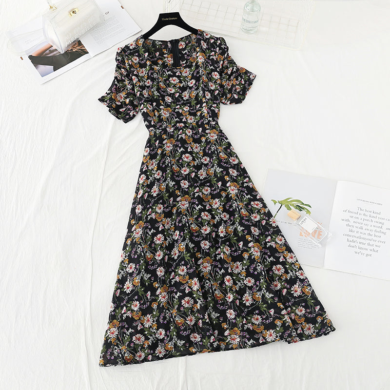 New French square neck long skirt with slim waist and Daisy Chiffon Skirt  4620